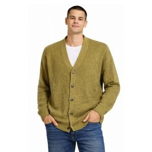 Cotton On Button Front Fuzzy Knit Cropped Solid Men's Cardigan Sweater Wheat  L